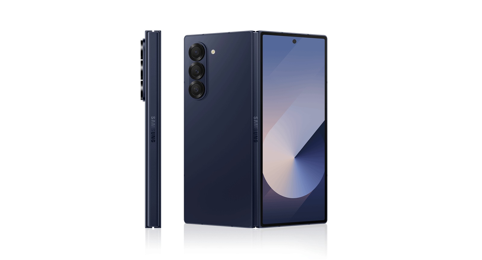 Toʻq koʻk rangli Galaxy Z Fold6 qalqib chiquvchi rasm.